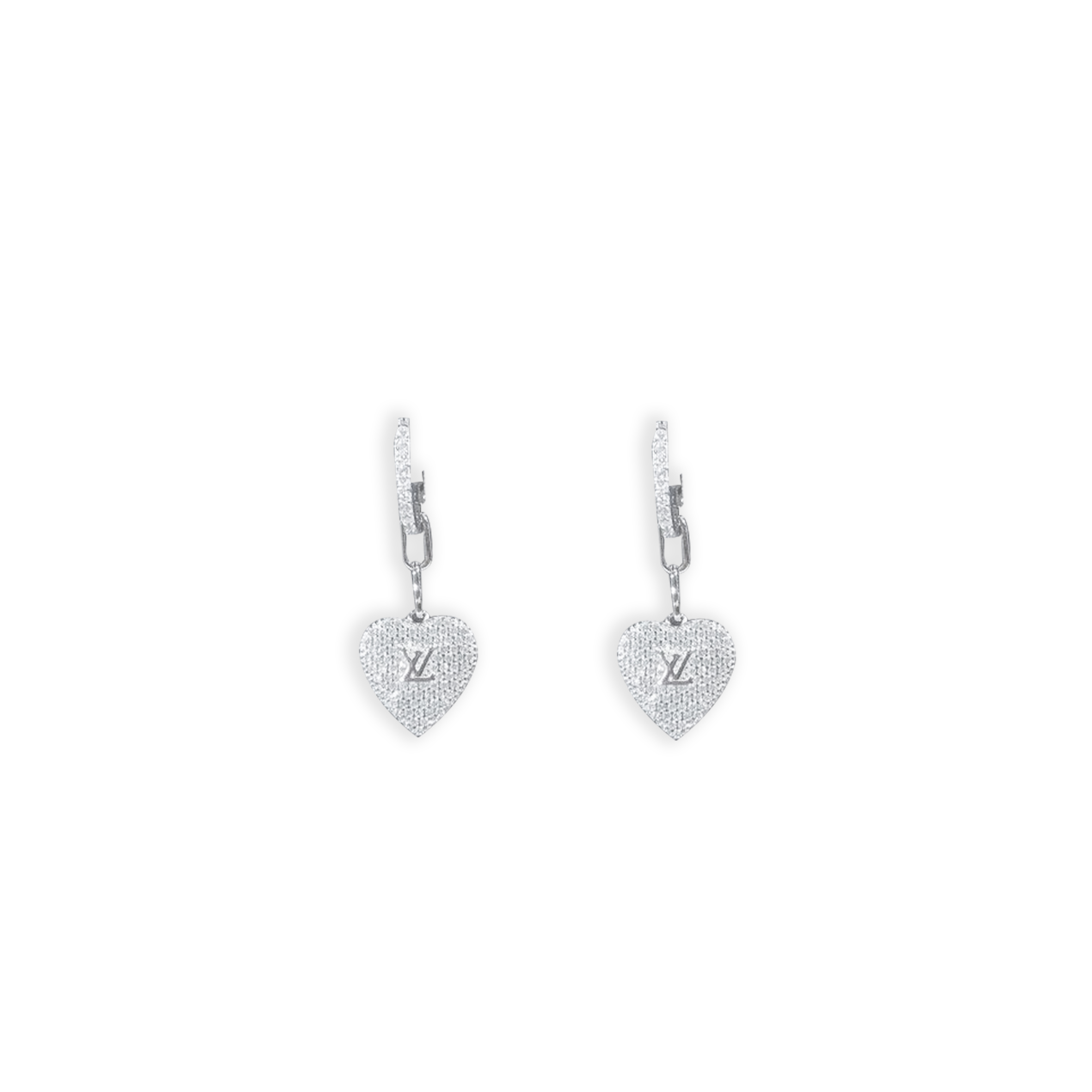 LOUIS VUITTON EARRINGS FEATURING PAVE CRYSTAL HEART CHARMS WITH THE LV INITIALS